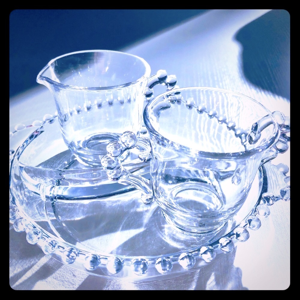 VTG 1920’s clear Glass Hobnail 3 pc Creamer, sugar, Divided round serving dish - Picture 5 of 16